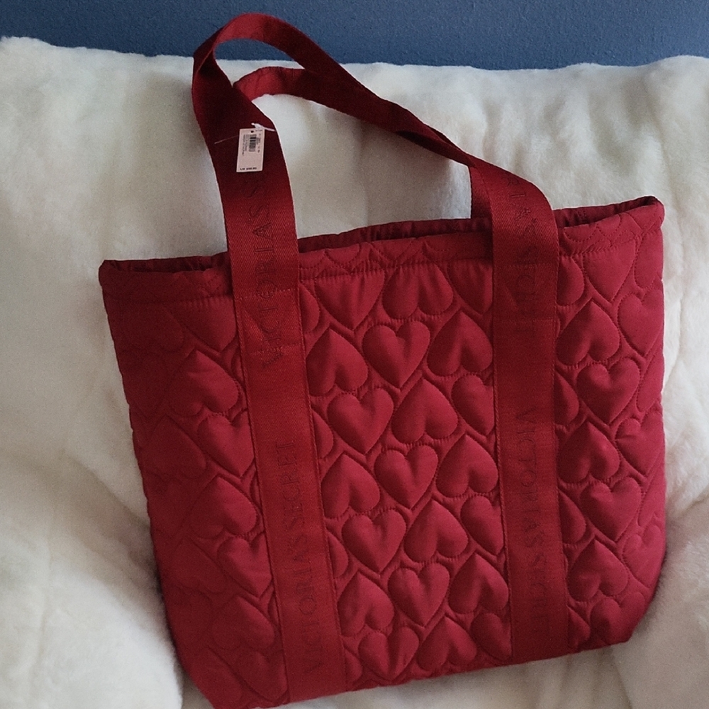 Victoria's Secret Red Quilted Tote Bag with Diamond Pattern